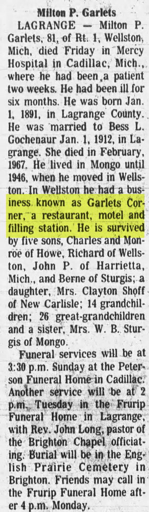 Garlets Corner Restaurant and Motel - Sat Jul 8 1972 Former Owner Passes Away